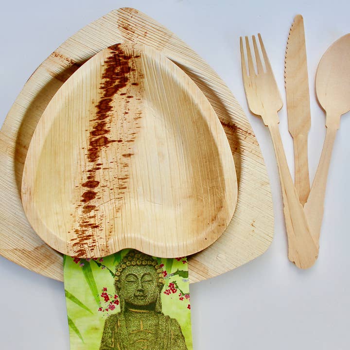 Eco Elegant Table Ware - Wholesale Dinner Plate - palm lef plate 50 pic square - 50 pic round 6" - 150 cutlery2