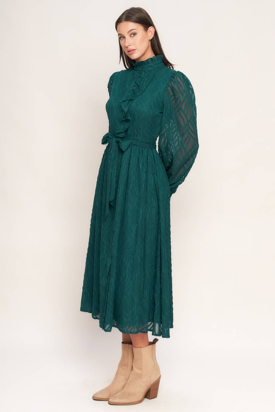 DARK GREEN A textured woven midi dress - ID21650 for wholesale on Faire1