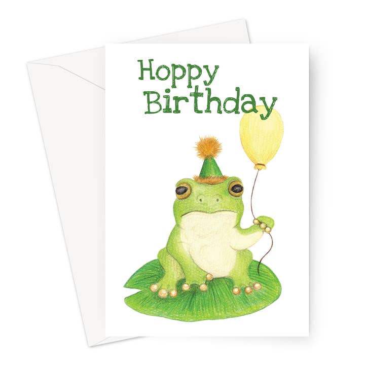 Hoppy Birthday Frog Greeting Card – Pack of 6 – Size 7x5" for wholesale by Cupsie's Creations