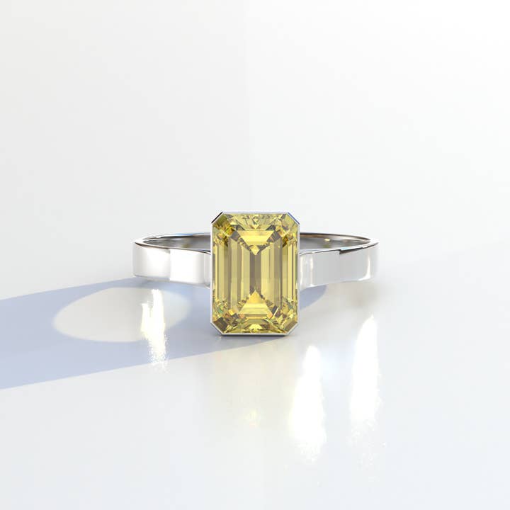 Smaragdschliff Laborgezüchteter Gelber Diamantring im Zargenfassung - Zelora für den Großhandel von Mohana Jewels - Luxury