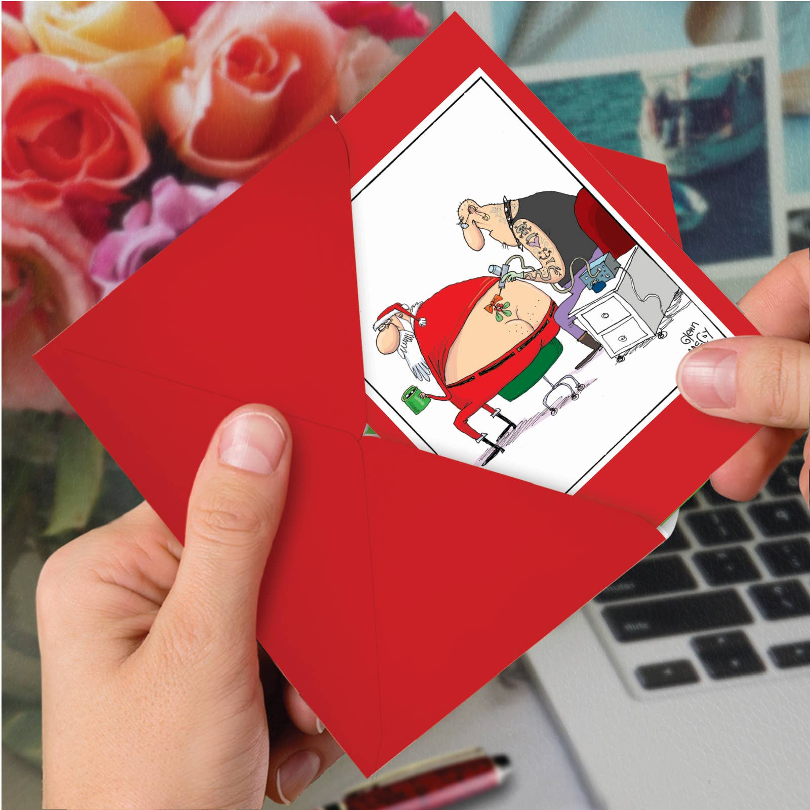 NobleWorks – Großhandel Weihnachtskarte – (1 Karte) Weihnachtskarte - Santa Tattoo2