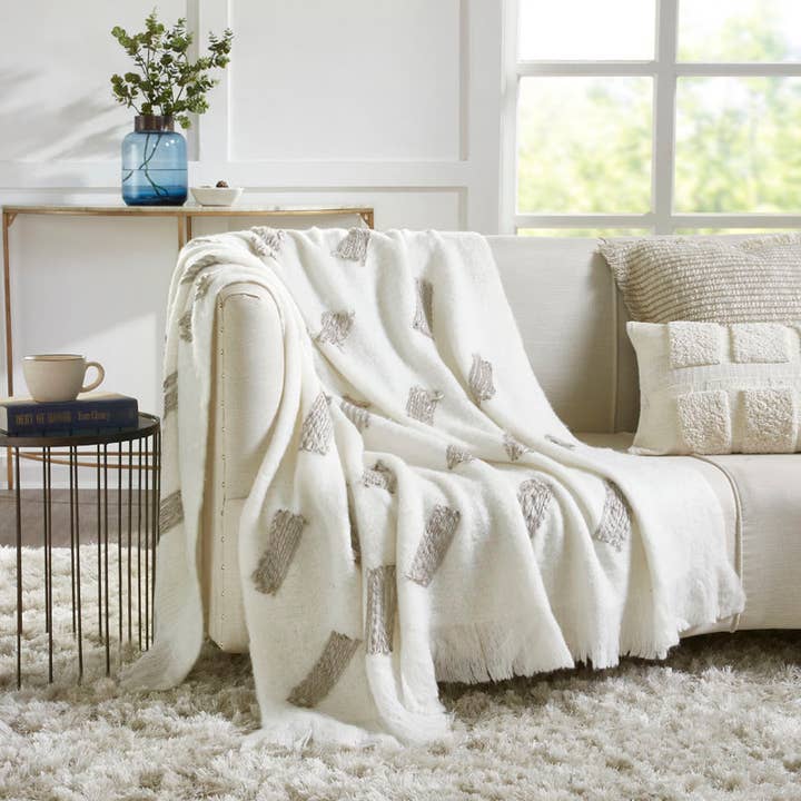 Luxe Faux Mohair Throw Blanket I 50"x 70" I Ivory Taupe for wholesale by India's Heritage
