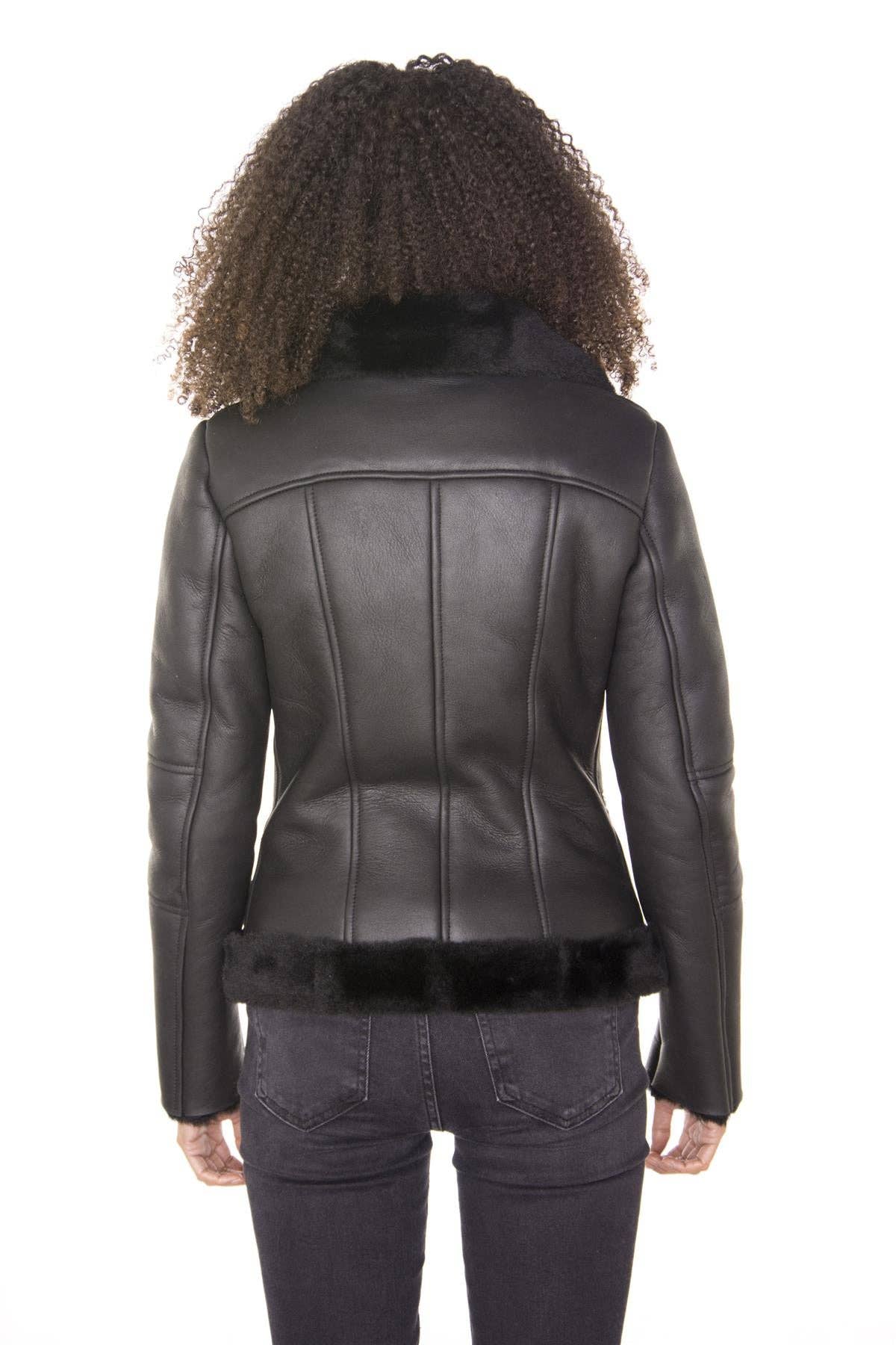 Womens Black Shearling Sheepskin Aviator Jacket-Patchway for wholesale on Faire6