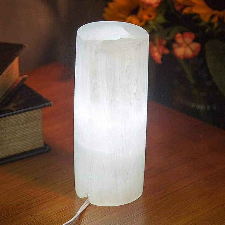 7–8" Selenite Crystal Natural Stone Table Lamp & Dimmer Cord for wholesale by Crystal Deal· Wholesale