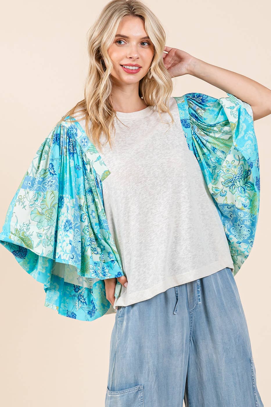 mittoshop - Wholesale Blouse - Women's - FLORAL PATCHWORK PRINT RUFFLE FLUTTER SLEEVE TOP6