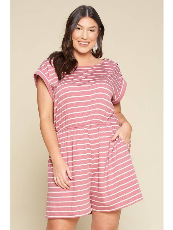 Mauve ETK-8390-PL Plus Size Striped Romper for wholesale on Faire