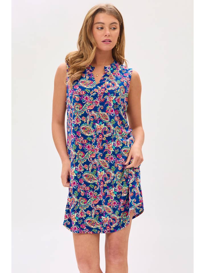 Royal Blue Paisley Print Sleeveless Tank Dress for wholesale on Faire