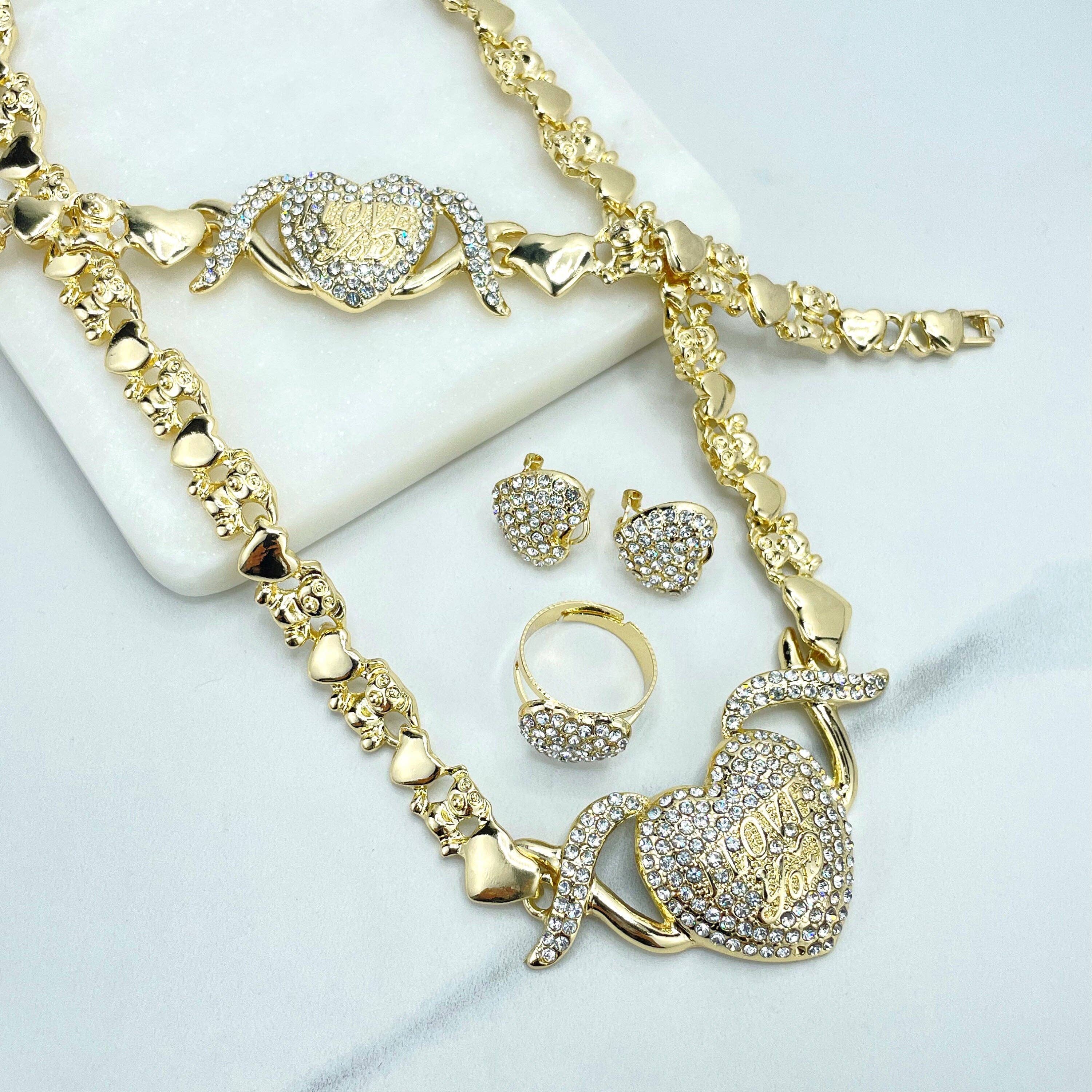 DIJU Jewelry – wholesale Jewellery set – 18k Gold Filled "I Love You" CZ Heart Charms, XoXo and Teddy Bear Linked Chain Set, Necklace, Bracelet, Earrings & Ring, Wholesale Jewelry3