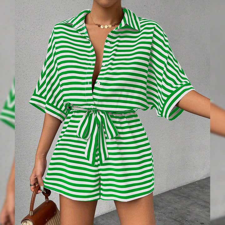 UNISHE - Wholesale Romper - Women's - Summer Striped Lapel Button-Up Belted Shorts Romper AXR12917