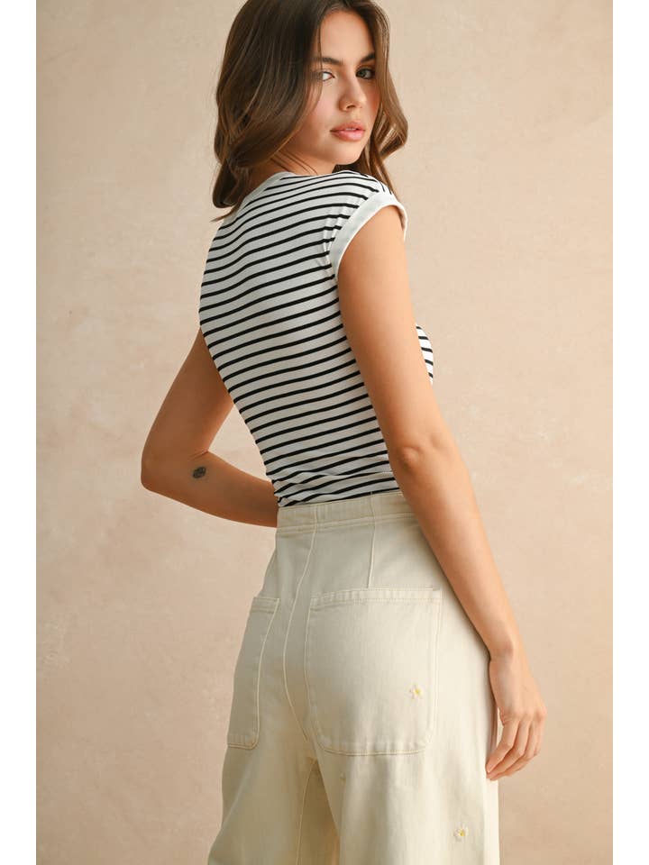 MIOU MUSE - Wholesale Bodysuit - Women's - T5298 STRIPED RIB CAP SHORT SLEEVE BODYSUIT