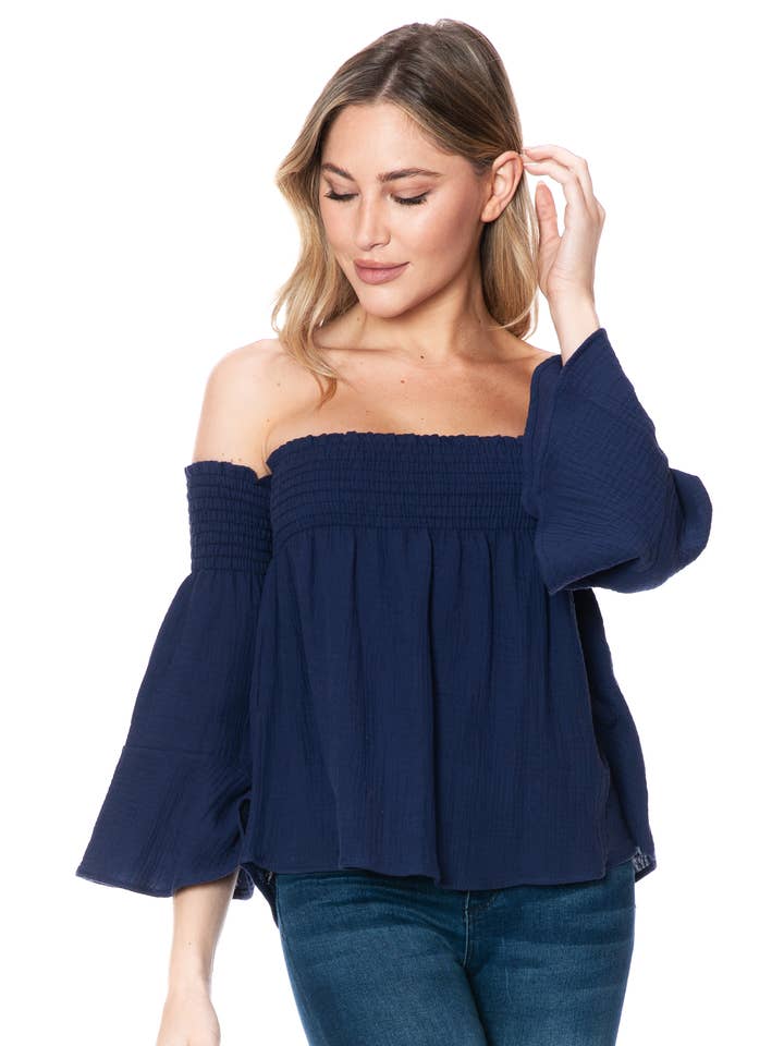 T041-W002, Gauze Off The Shoulder Top for wholesale by Brooklyn Isles