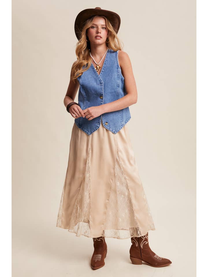 Listicle - Wholesale Skirt - Women's - Lace Inset Satin Midi Skirt LSK02729