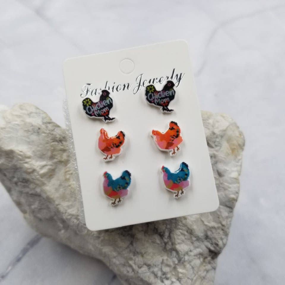 The Pretty Jewellery - Wholesale Stud/Post Earrings - Mother's Day Chicken Mom Stud Earrings - Set Of 3