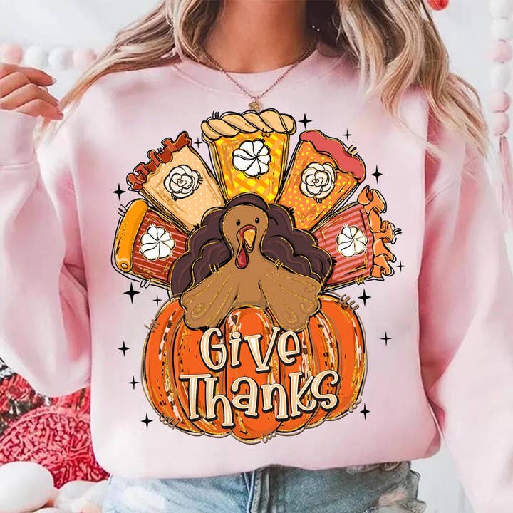Give Thanks Shirt, Funny Fall Pumpkin Turkey Sweatshirt for wholesale by CVH DREAMY LTD