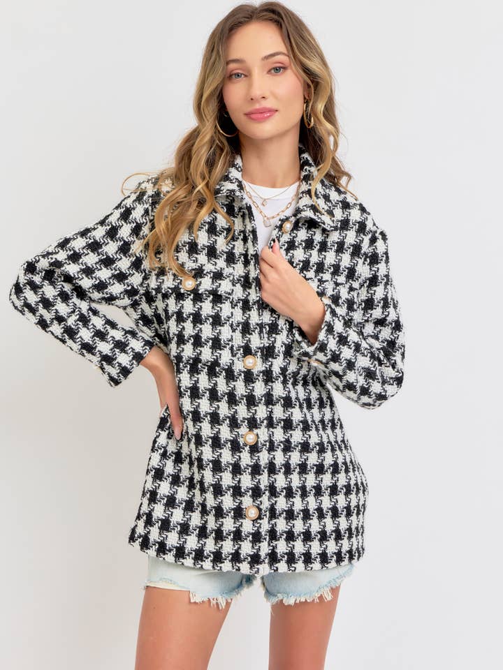 BLACK WHITE HUNDSTOOTH TWEED OUTERWEAR/BLAZER for wholesale on Faire