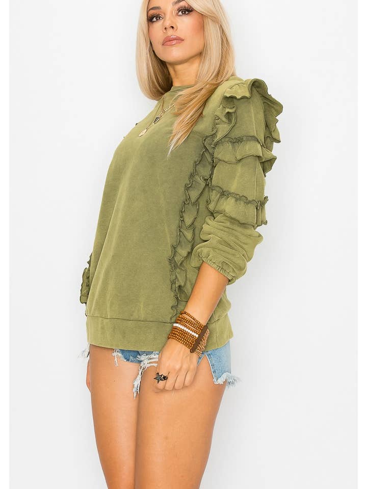 Cezele - Wholesale Sweatshirt - Women's - Ruffle sleeve French terry washed sweatshirt