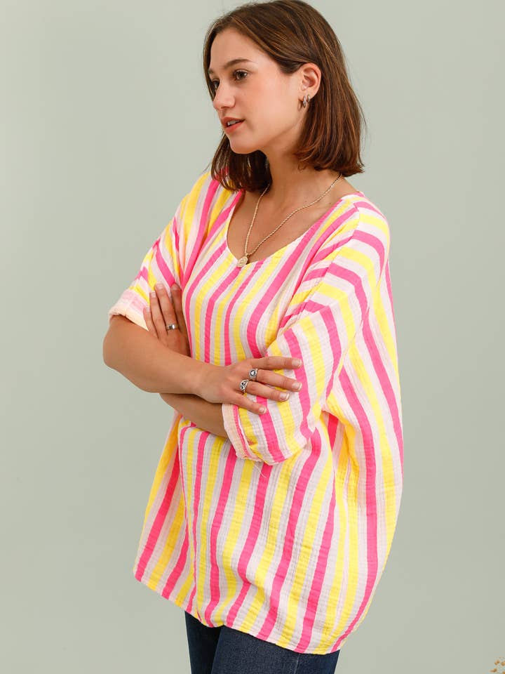 Lucky Nana - Wholesale T-Shirt - Women's - SP 8003-F1 - Multicolored Striped Top