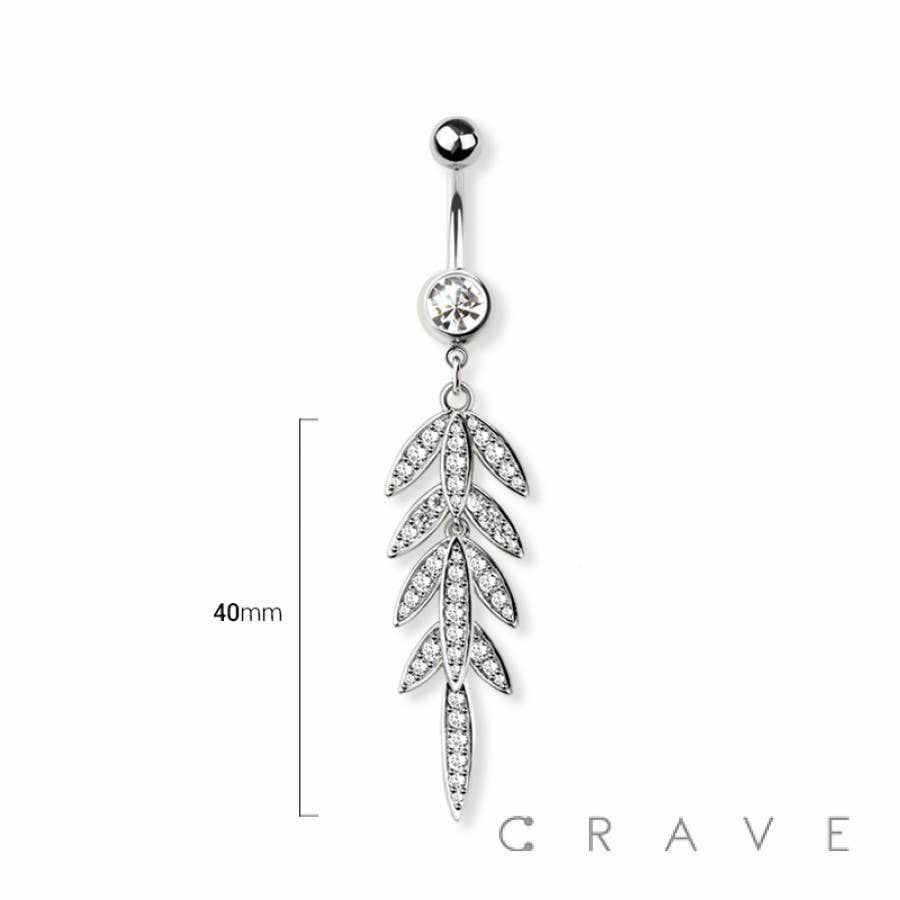 CRAVE - Wholesale Belly Ring - CZ PAVED LEAF DANGLE 316L SURGICAL STEEL NAVEL RING1