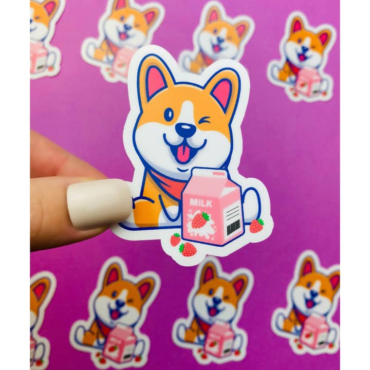 Corgie Strawberry Milk Sticker - Kawaii Cute Corgi Dog for wholesale by Otto's Grotto