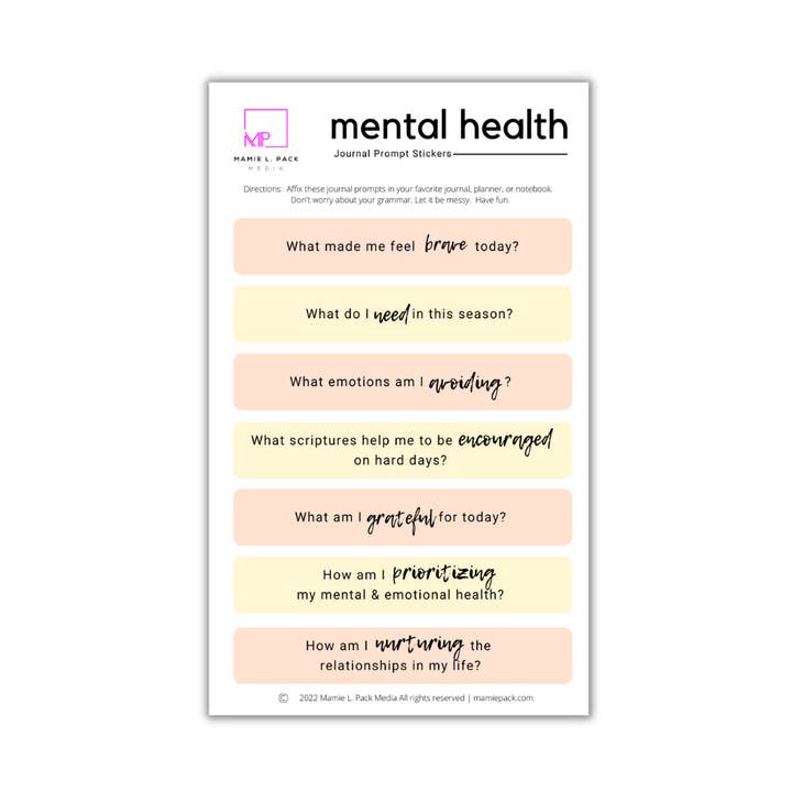 Mental Health Guided Journaling Prompt Stickers for wholesale by Mamie L. Pack Media