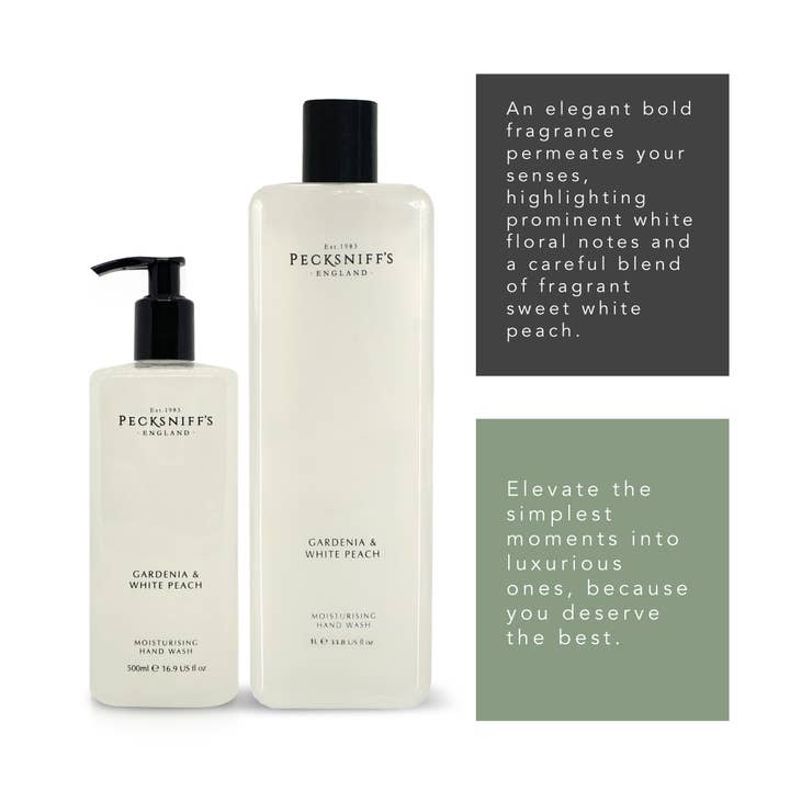 Prestige Beauty Boutique – Sabonete para as mãos por atacado – Pecksniffs Classic Gardenia e Pêssego Branco Hidratante para as Mãos 500ml/16,9 Fl oz e Recarga Lavar as Mãos 1L/1000ml, 33.8 Oz3