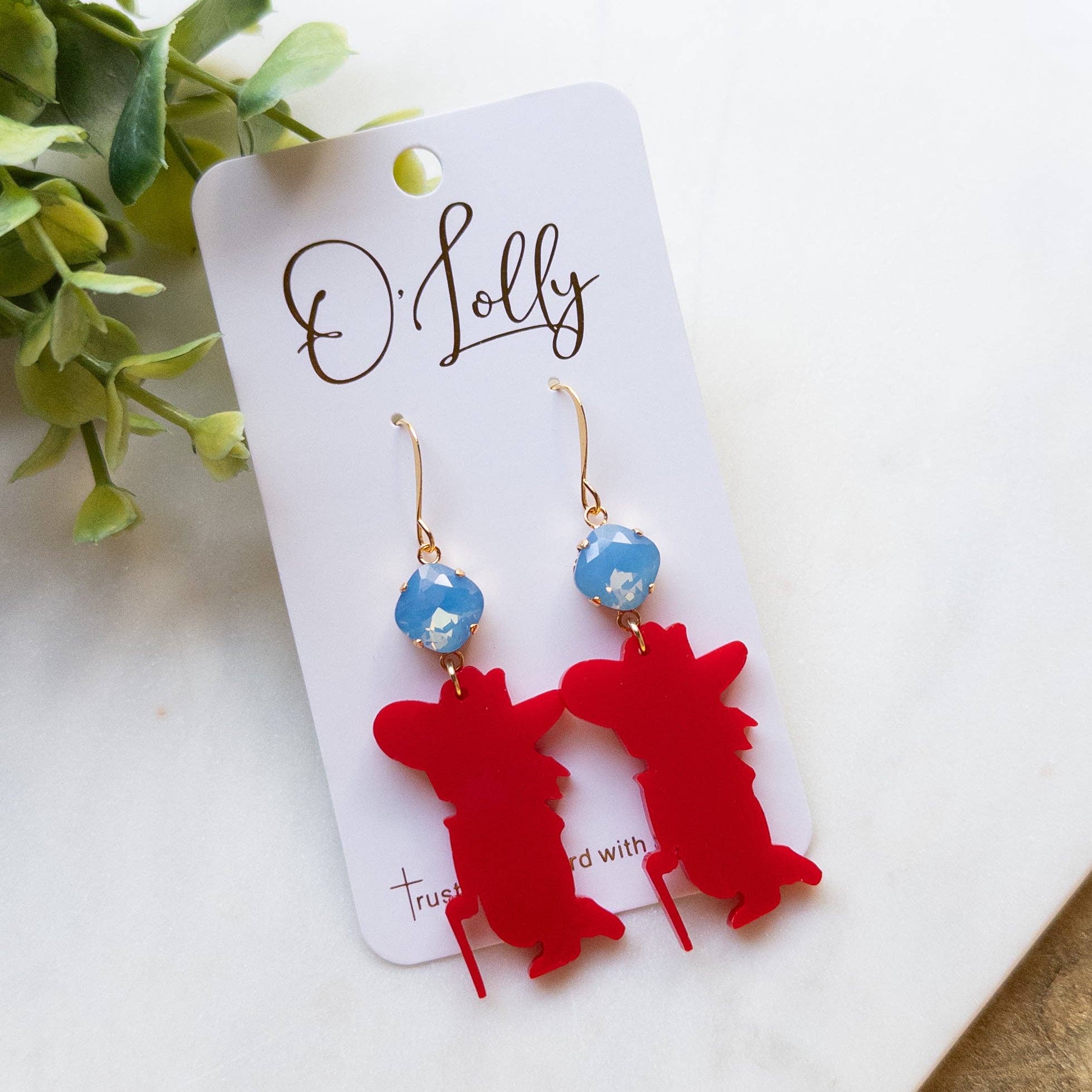 O’Lolly Jewelry - Wholesale Dangle Earrings - Red Acrylic Rebel Man Earrings w/Blue Stone1