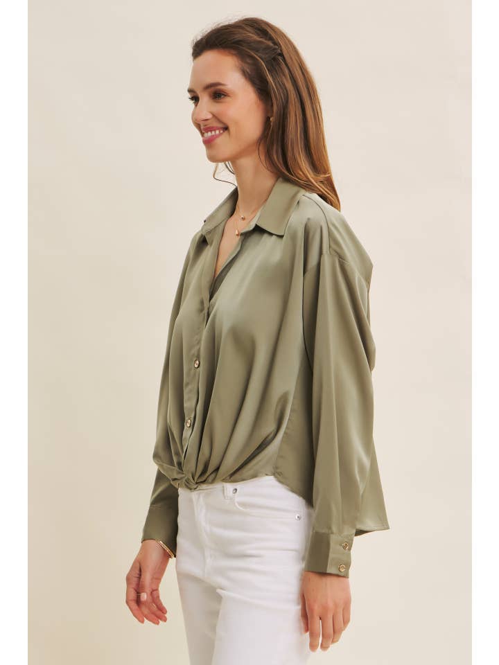 in february - Wholesale Button Down Shirt - Women's - BUTTON-DOWN KNOTTED SATIN SHIRT WITH LAPEL COLLAR
