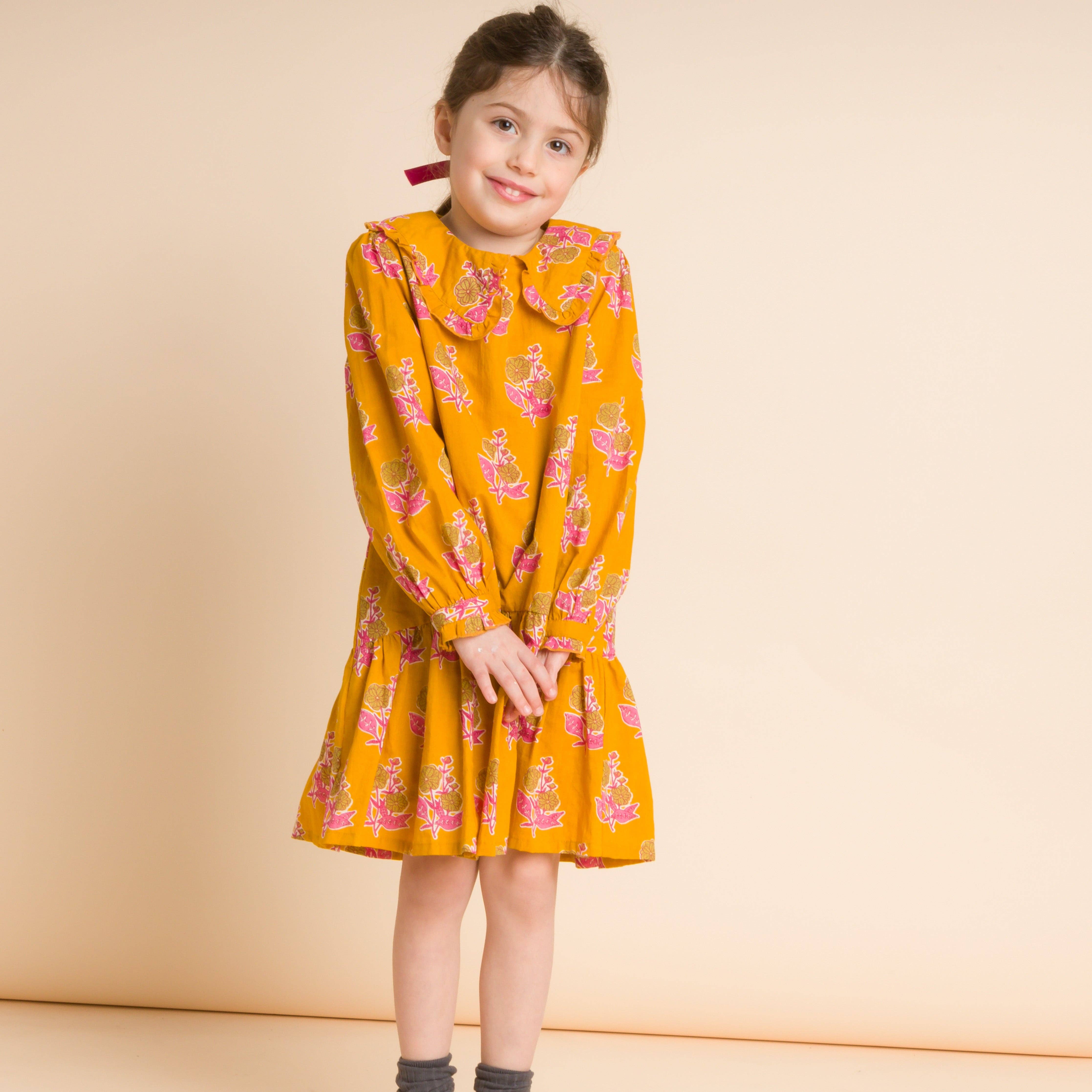 Beet World - Wholesale Dress - Kids - Wide Collar Dress | Mustard Floral3