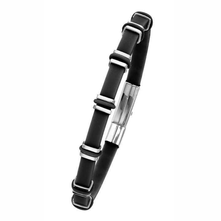 Bracelet Seven Station en acier inoxydable et silicone noir pour la vente par Luxe on Main LLC