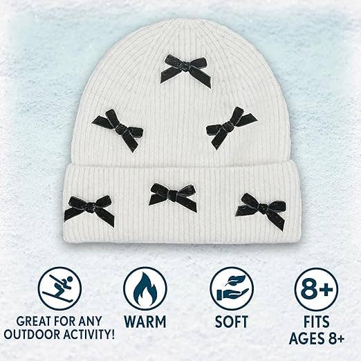 Funky Junque - Wholesale Beanie - Women's - Ribbed Knit Mini Velvet Bows Beanie - Ivory w/ Black Bows