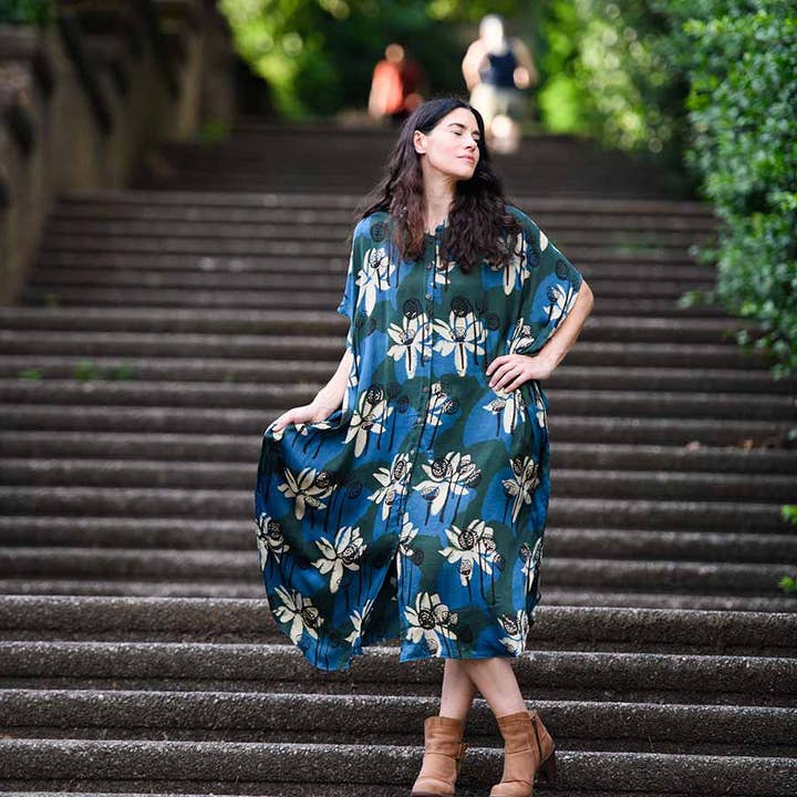 Ichcha - Vendita all'ingrosso Vestito - Donna - Abito a stampa blocchi indaco morbido e lussuoso caftano - WHITE LOTUS