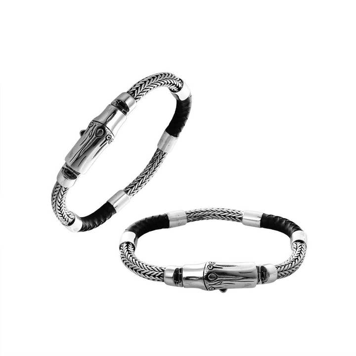 AB-1154-LT-BLK Sterling Silver Braided Chain Bracelet With Black Leather And Push Clasp for wholesale by Bali Designs