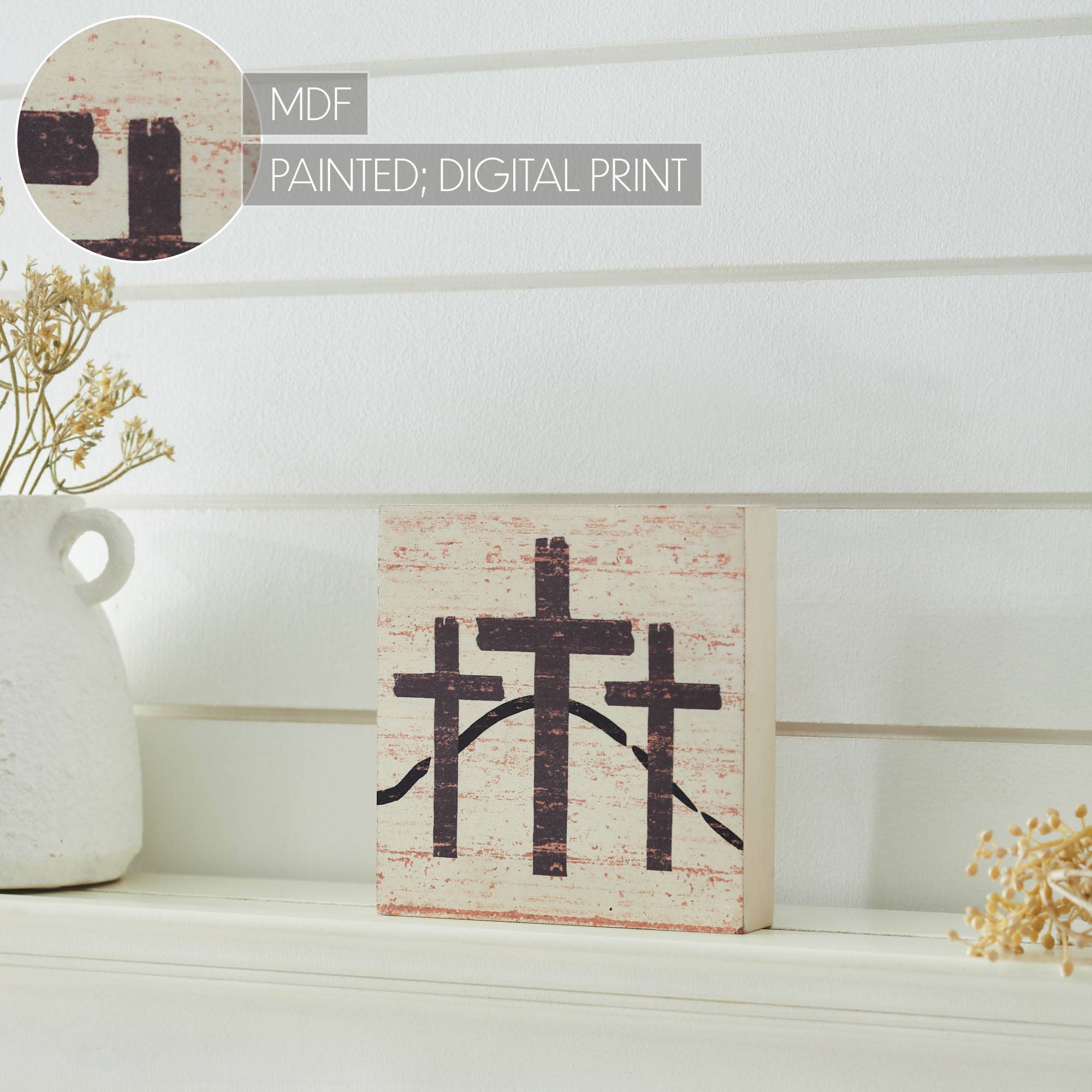 VHC Brands - Wholesale Sign - Celebrate Grace 3 Crosses Distressed Antique White MDF Block Sign 6x6x16