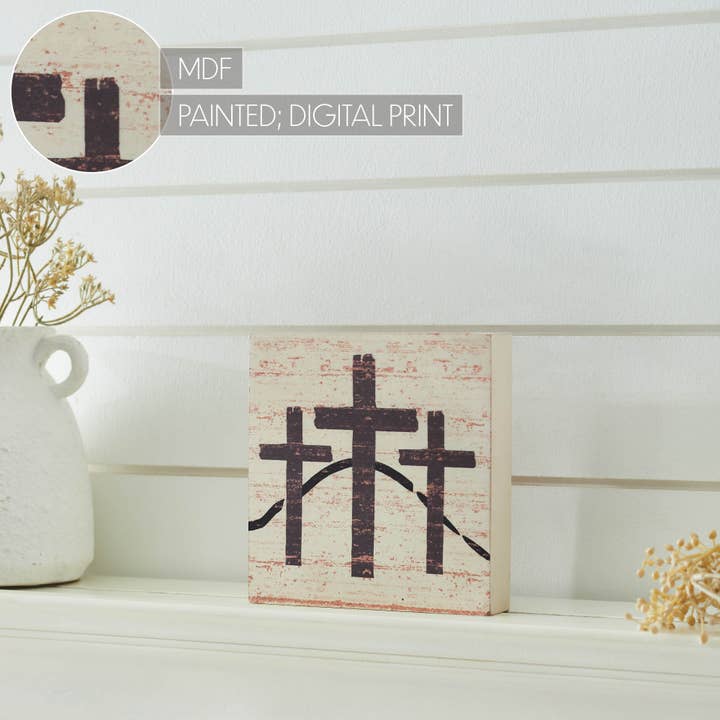 VHC Brands - Wholesale Sign - Celebrate Grace 3 Crosses Distressed Antique White MDF Block Sign 6x6x16