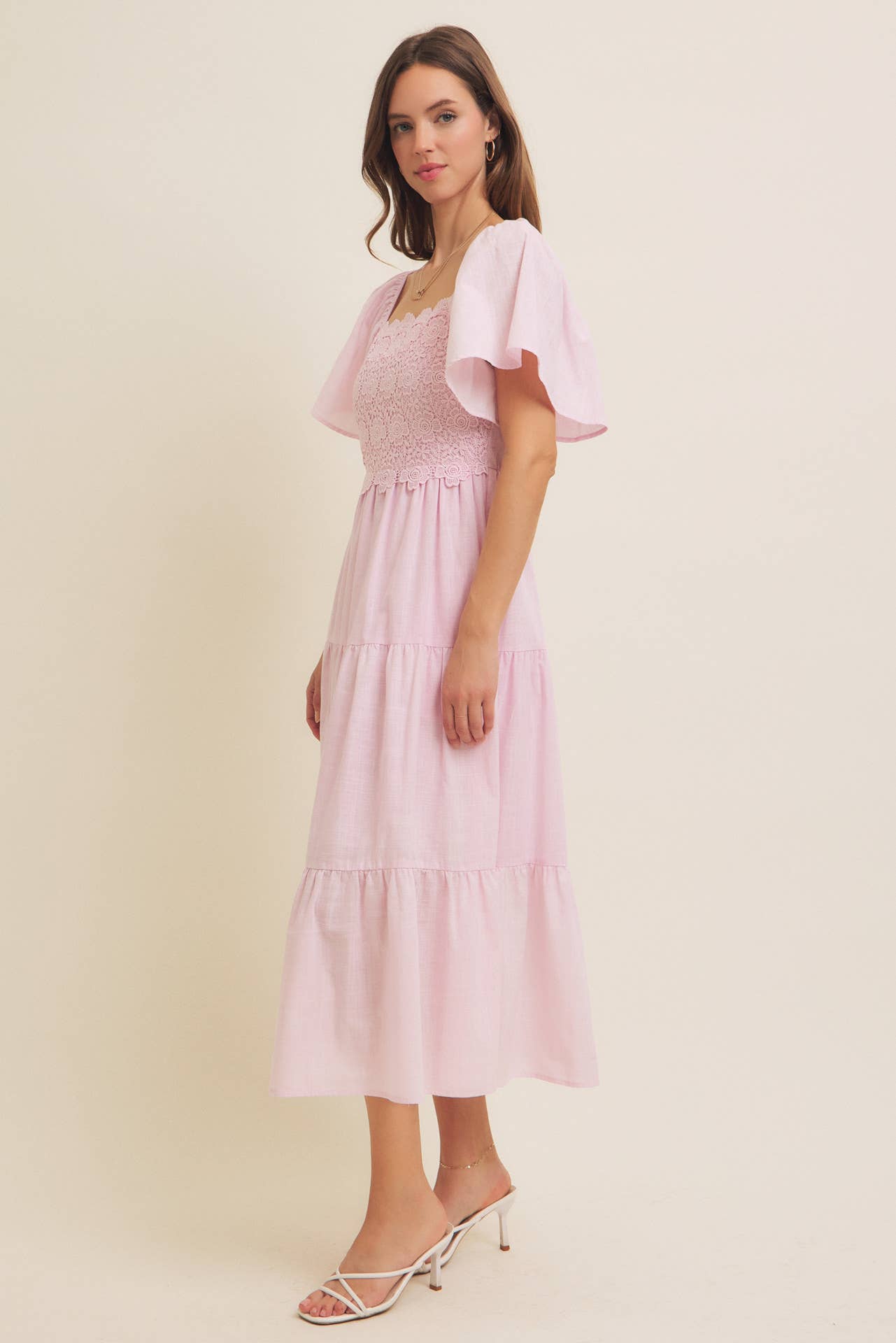 in february - Wholesale Dress - Women's - ESSENCE OF FALL TIERED CROCHET MIDI DRESS WITH FLUTTER SLVS16