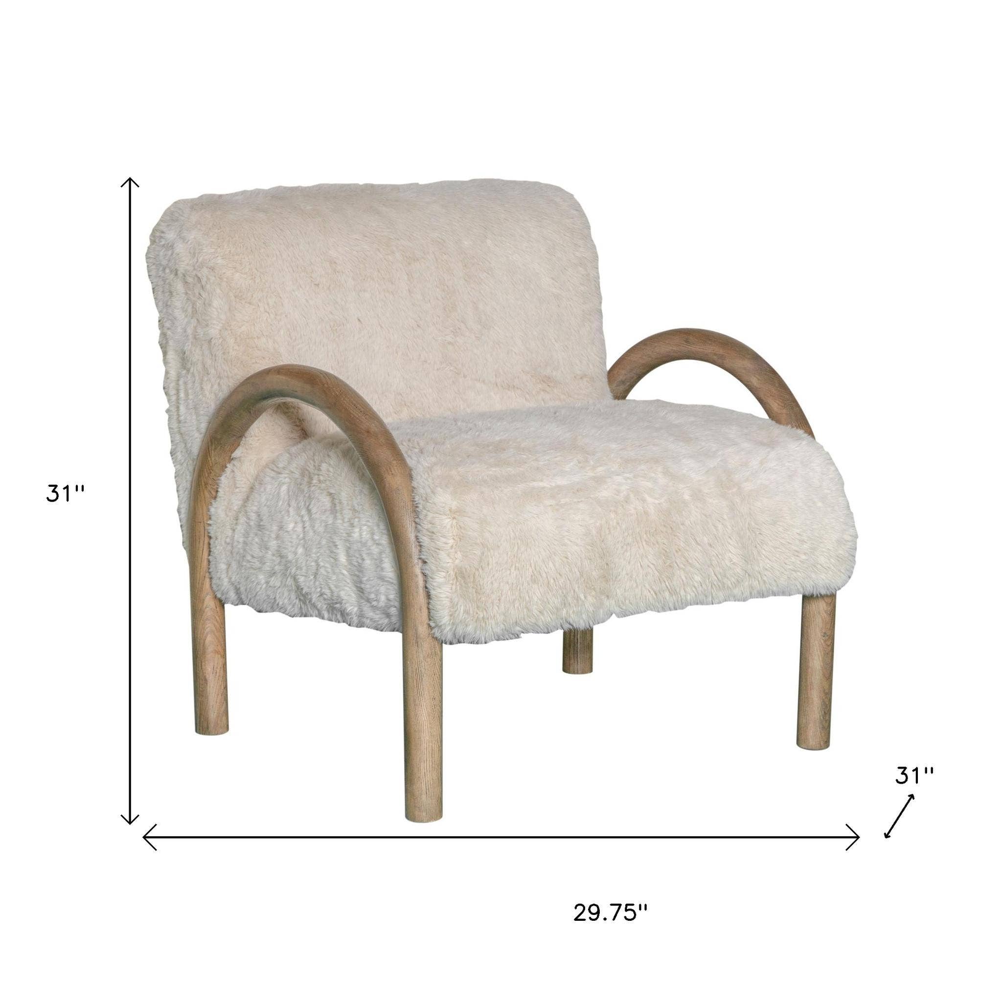 HomeRoots - Wholesale Chair - 30" Off White and Natural Faux Fur And Wood Arm Chair2