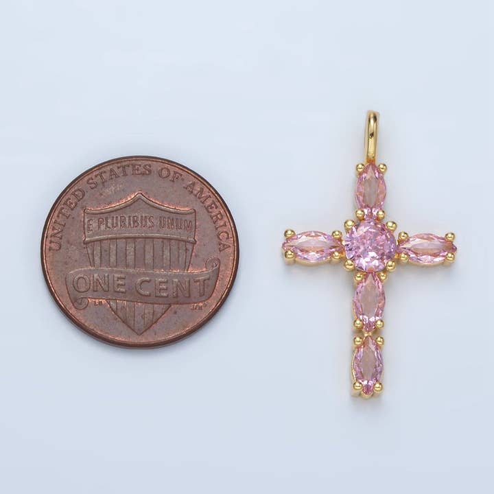Aim Eternal - Wholesale Individual Charm/Pendant - 24K Gold Filled Pink, Clear Marquise CZ Cross Pendant | AA13671