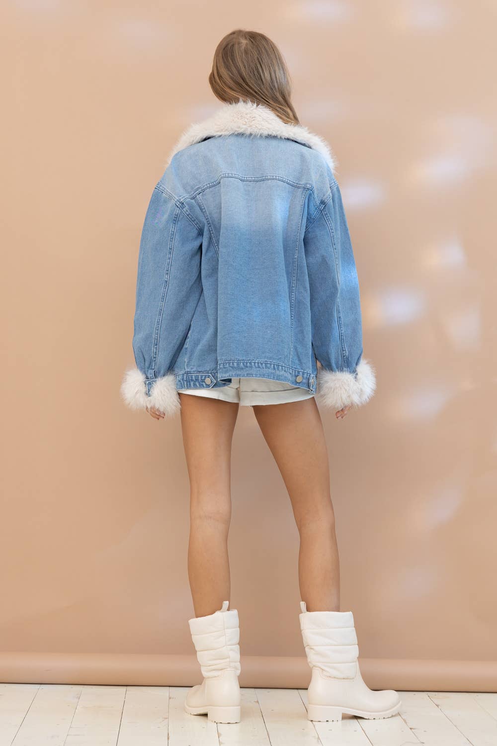 17576J - Fur Collard Cuff Over sized Washed Denim Jacket for wholesale on Faire6