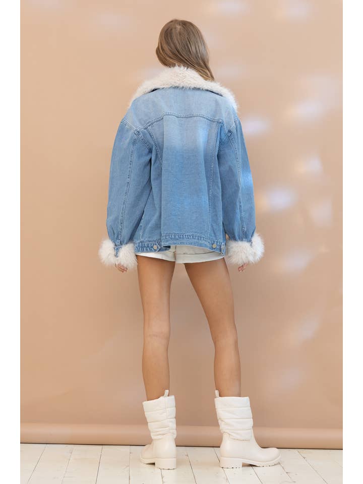 17576J - Fur Collard Cuff Over sized Washed Denim Jacket for wholesale on Faire6