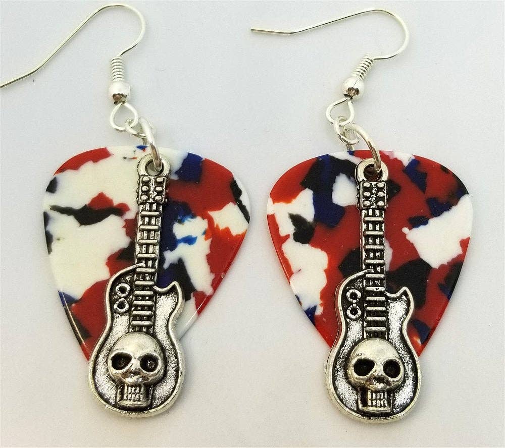 Simply Raevyn - Wholesale Dangle Earrings - Guitar with Skull Charms Guitar Pick Earrings10