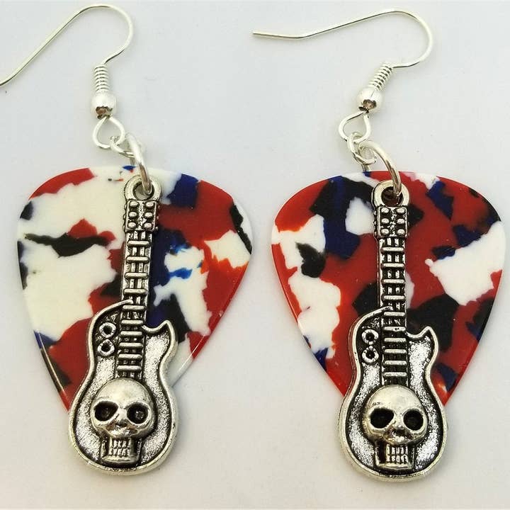 Simply Raevyn - Wholesale Dangle Earrings - Guitar with Skull Charms Guitar Pick Earrings10