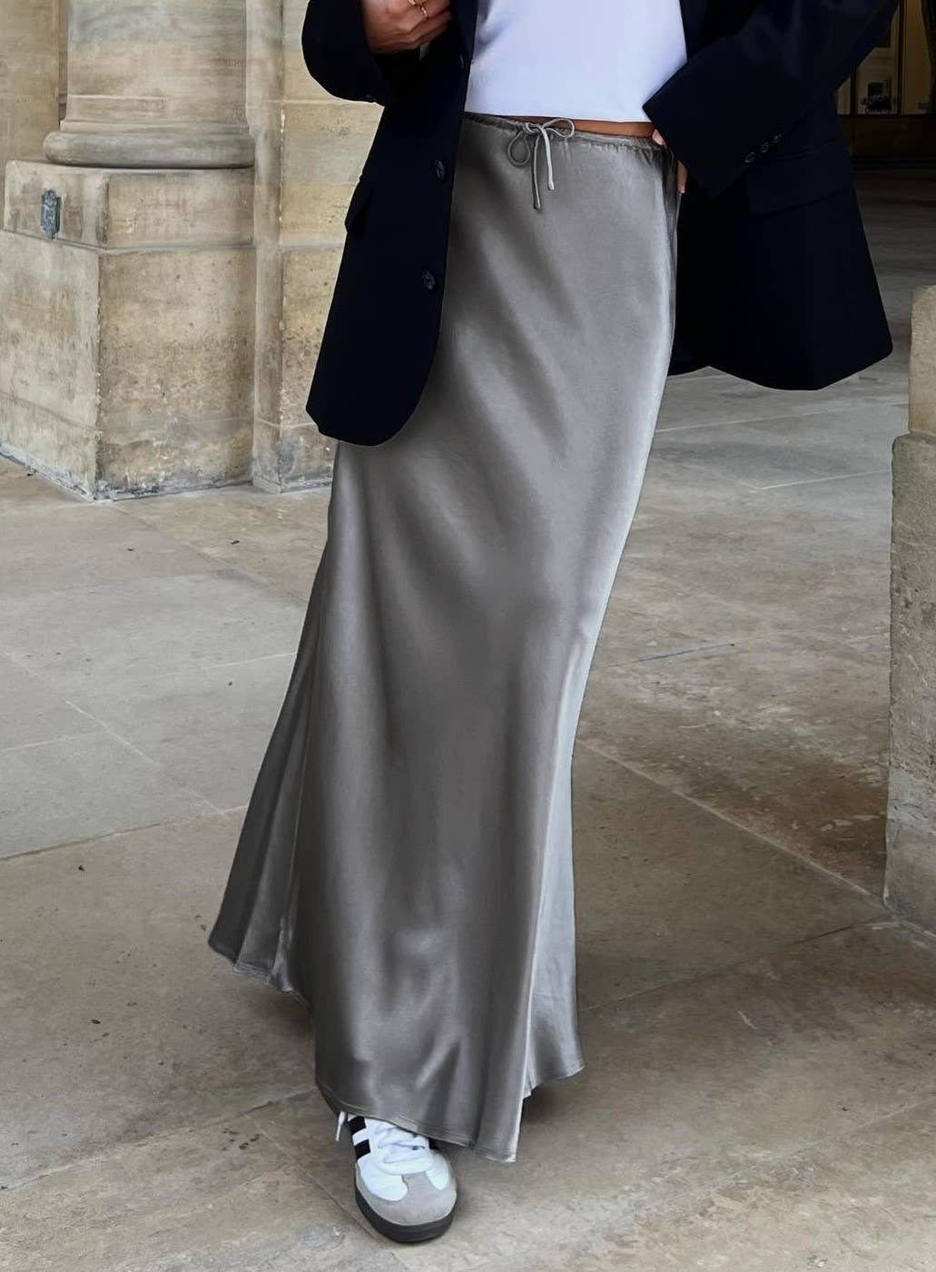 HIDDENBRAND - Wholesale Skirt - Women's - Satin High-Waisted Drawstring Tie Maxi Skirt14