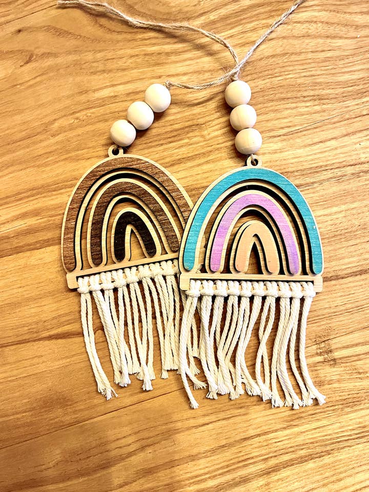 Abalorio de macramé bohemio para coche, con borlas y borlas, espejo de madera para venta al por mayor de Simply Stained Shop