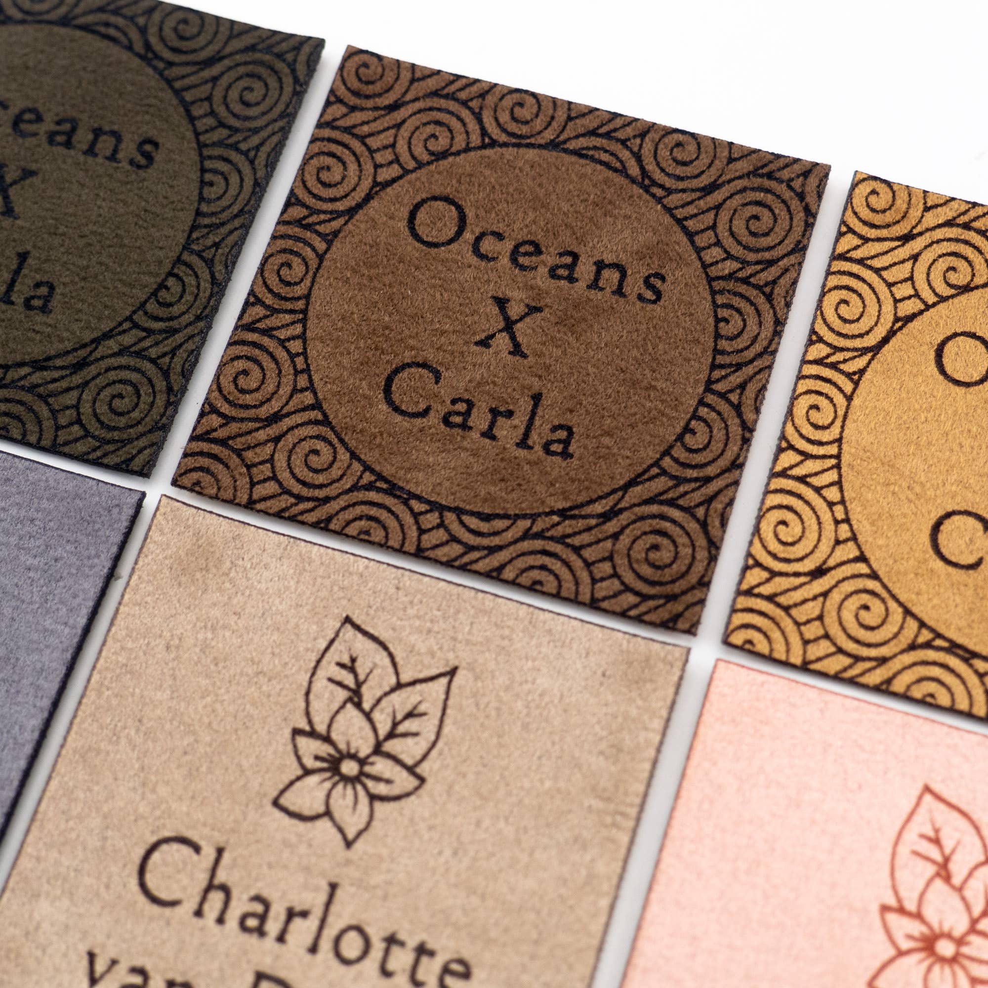 minimize custom tags - Wholesale Knitting/Crochet Supplies - Custom Square Faux Suede Labels for Branding and Promo3