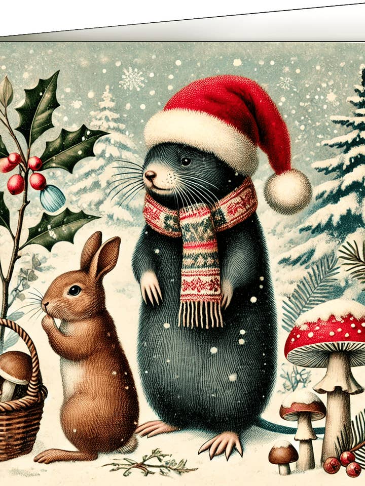Christmas Greeting Card, Mole & Rabbit for wholesale by Thistle and Tale Press