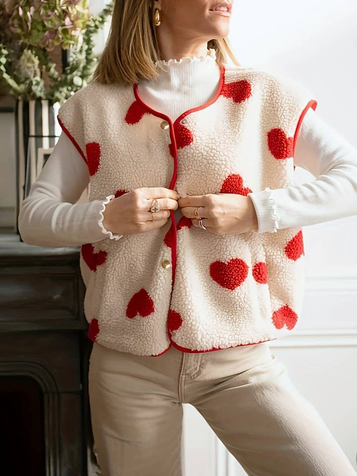 Valentines Hearts Pattern Sherpa Vest Jacket for wholesale by Rosa Clothing