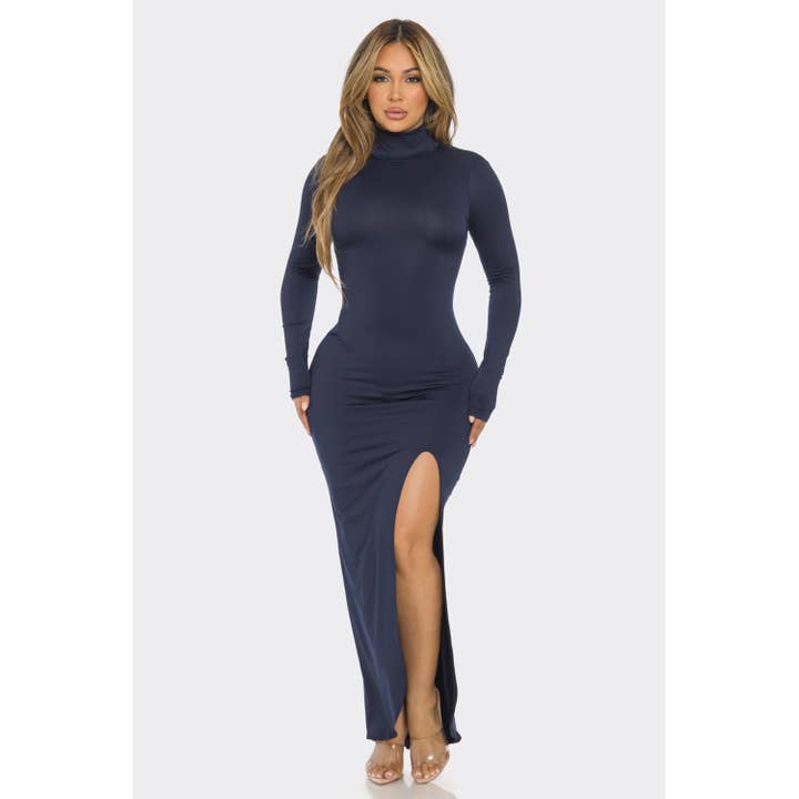 D10266 Mock Neck Slit Long Dress for wholesale by Uptown Apparel