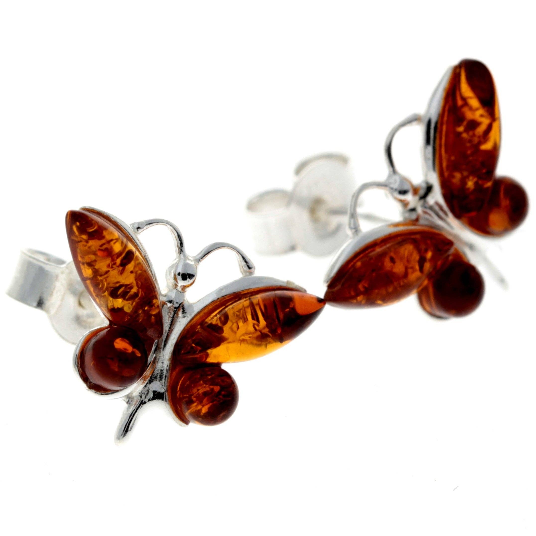 SilverAmber Jewellery - Wholesale Stud/Post Earrings - 925 Sterling Silver & Baltic Amber Butterfly Studs Earrings - 84943
