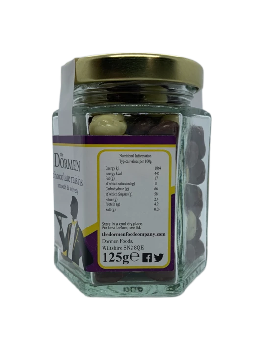 Dormen Foods – wholesale Chocolate-covered sweets – The Dormen Chocolate Raisins Hexagonal Jar , 125g2