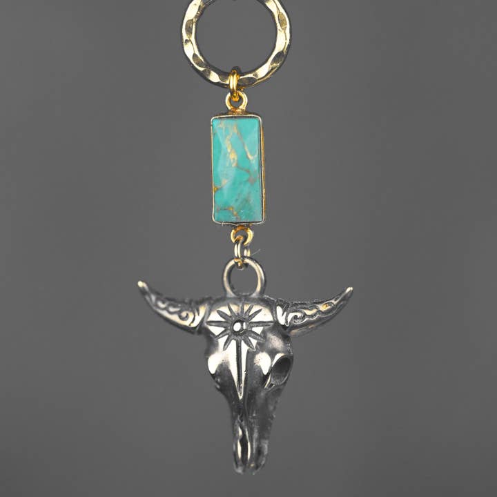 Western Antiqued Brass Bull and Ring w/ Turquoise Necklace for wholesale by KBD Studio